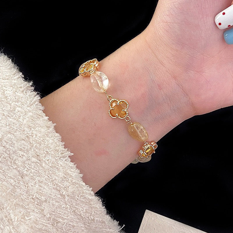 Natural freshwater pearl, amethyst, rose quartz, citrine, colored zircon, four-leaf clover, stacked copper alloy bracelet