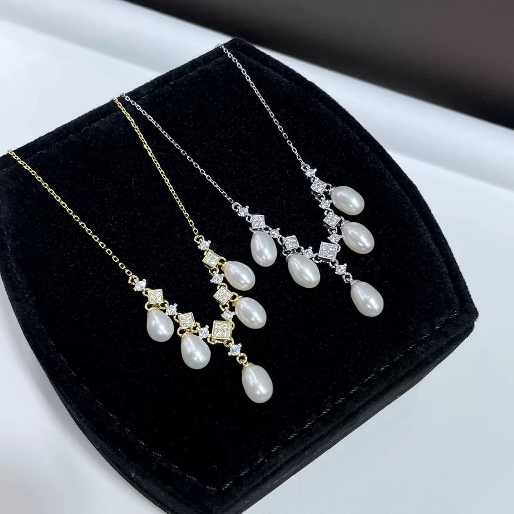 S925 Sterling Silver Tassel Necklace with Zircon Natural Freshwater Rice-Shaped Aurora Pearls (5mm-8mm)