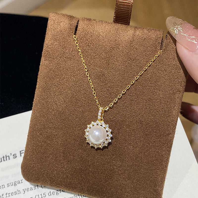 925 Sterling Silver Sunflower Imitation Pearl Zirconia Necklace