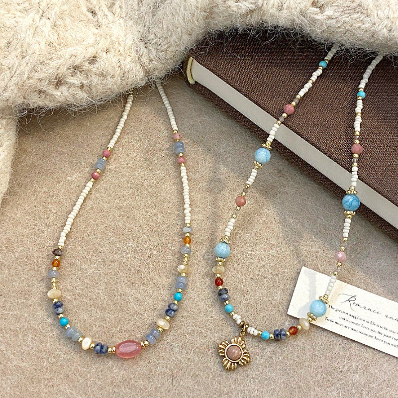 Dopamine-enhanced colored natural stone millet bead necklace with copper alloy beads