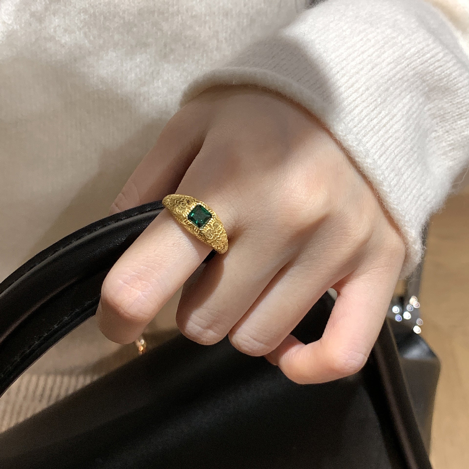 925 Sterling Silver Vintage Style Carved Square Diamond Ring