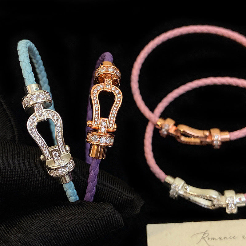 Fully diamond zircon leather braided rope magnetic horseshoe buckle copper alloy bracelet