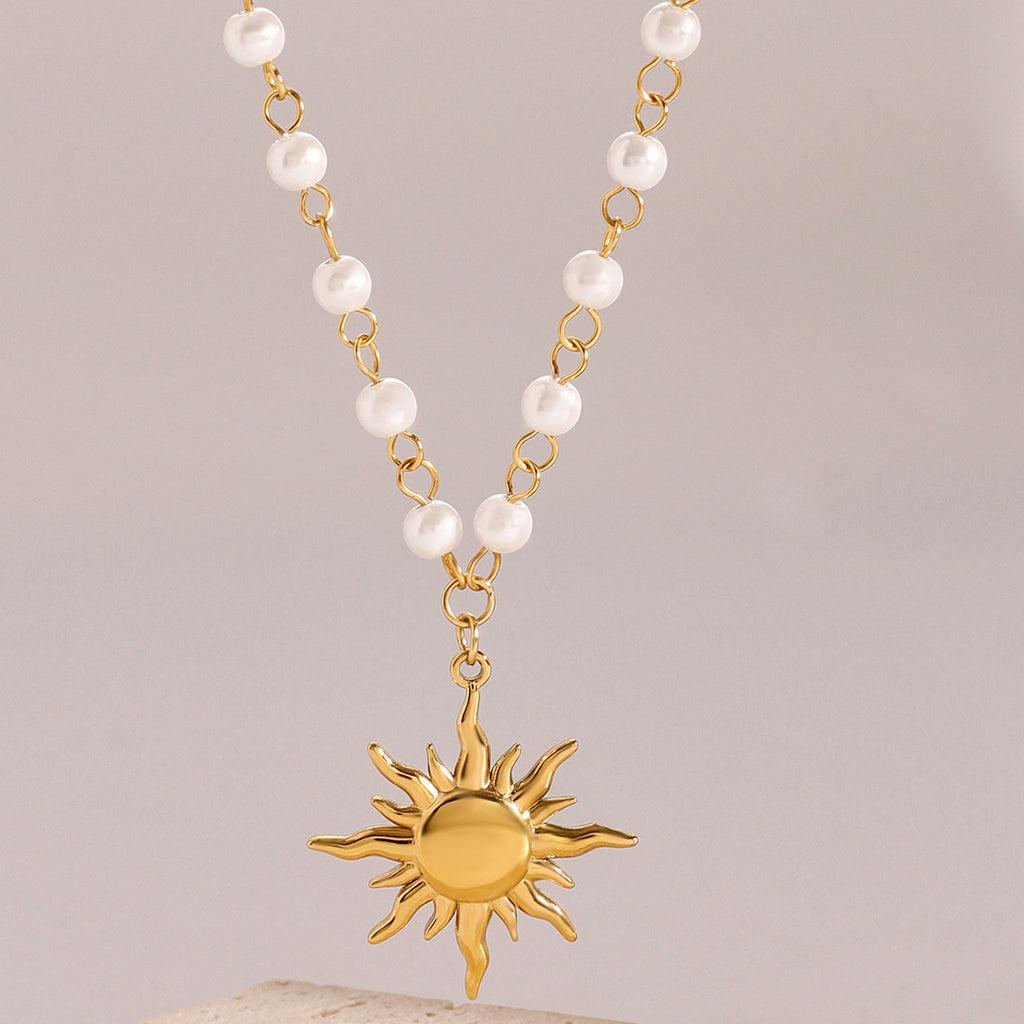 Pearl Sunflower Pendant Stainless Steel Necklace