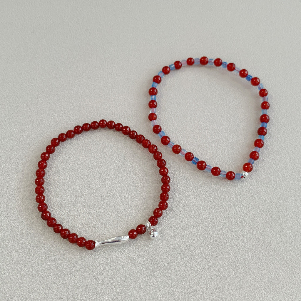 925 Sterling Silver Red Agate Small Fish Beads Color Block Stacked Bracelet
