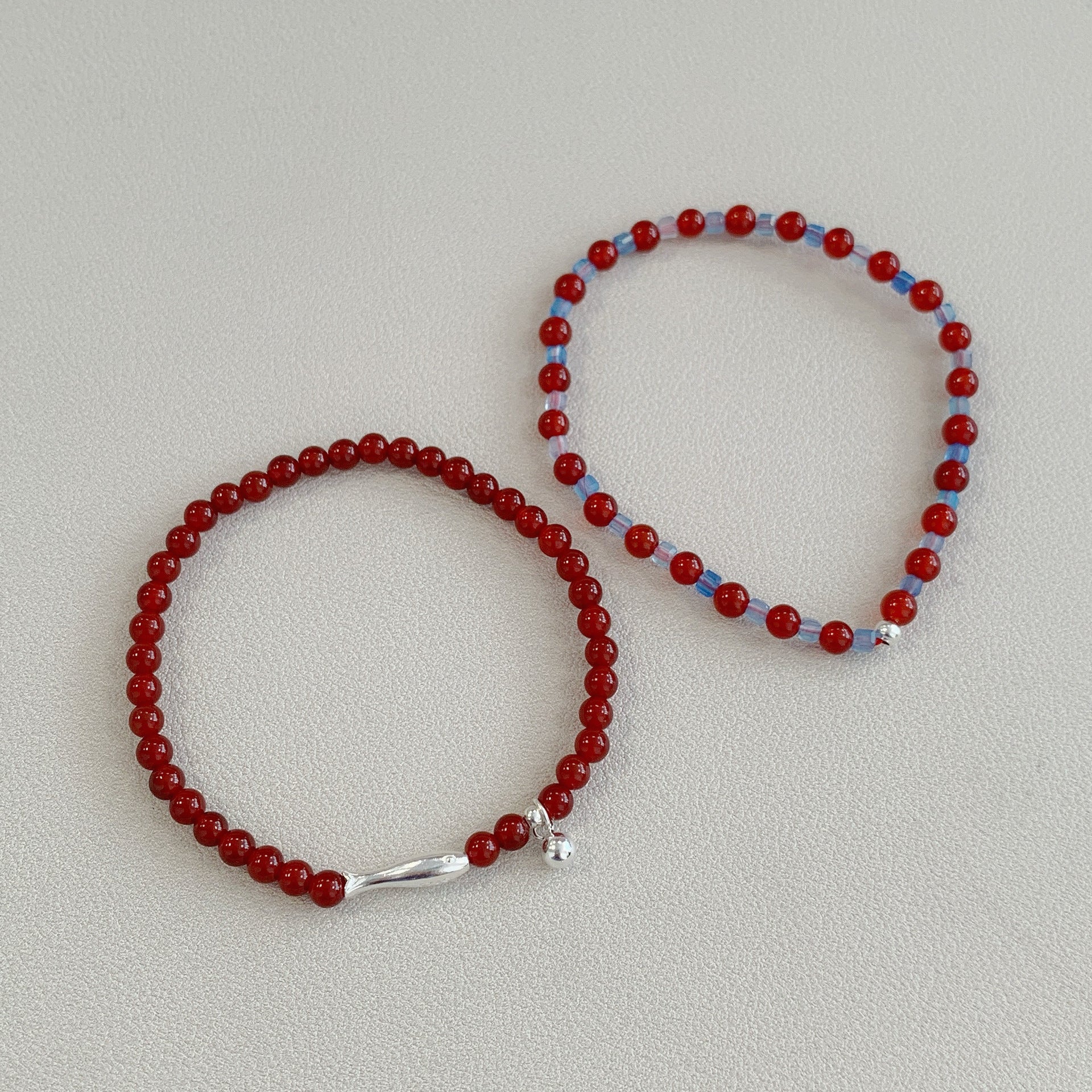 925 Sterling Silver Red Agate Small Fish Beads Color Block Stacked Bracelet