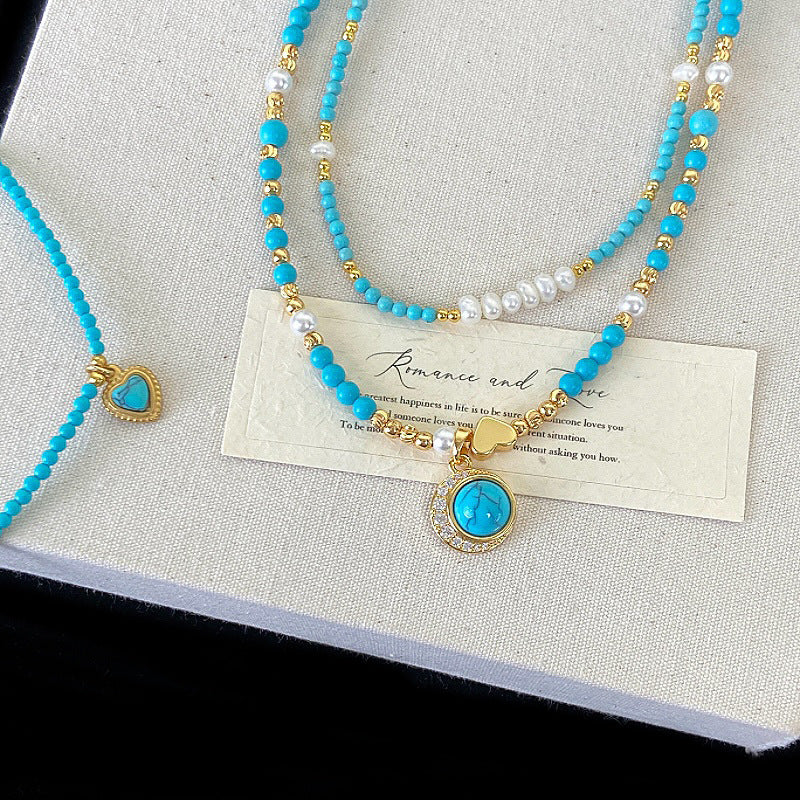 Turquoise freshwater pearl zircon heart-shaped copper alloy pendant