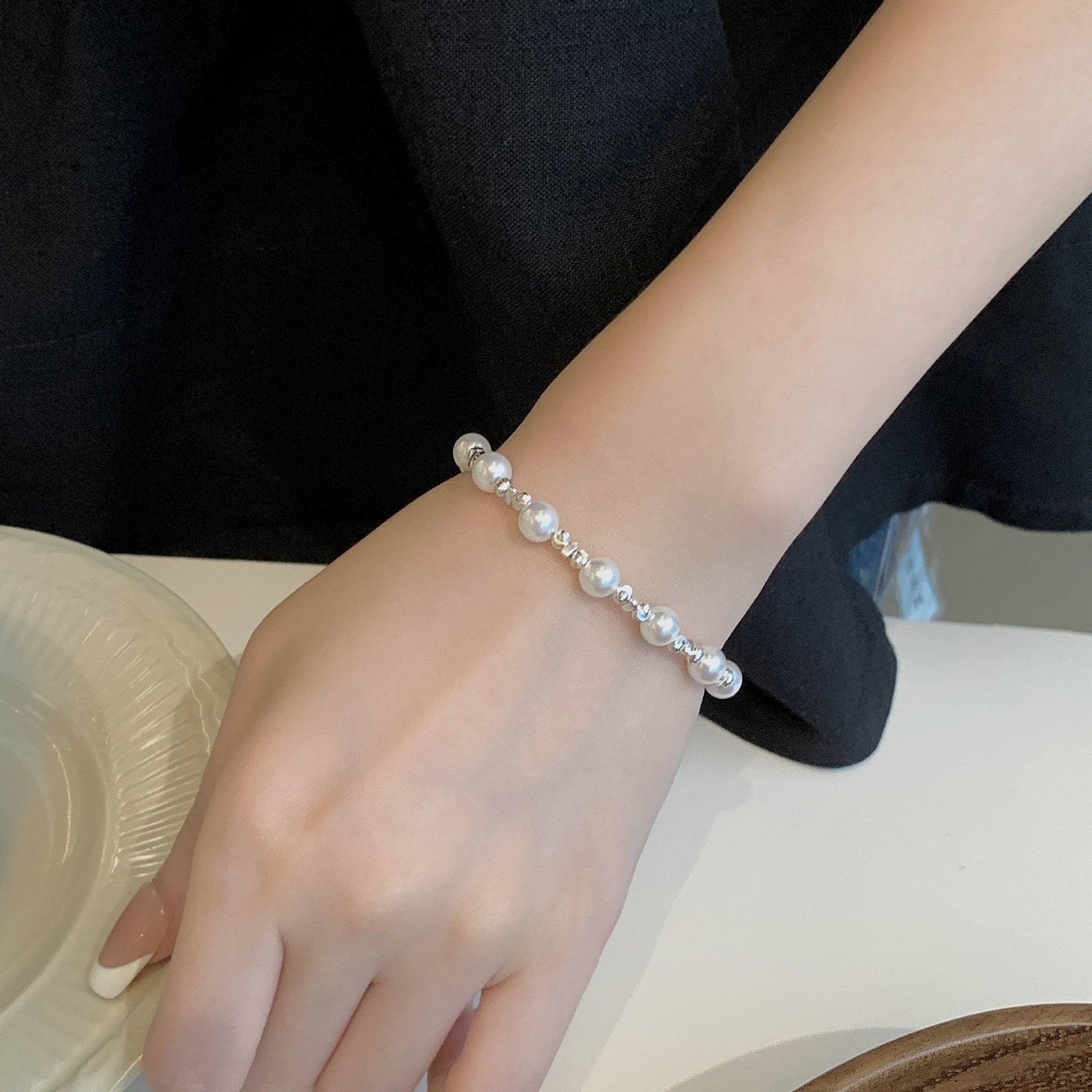 925 Sterling Silver Beaded Imitation Pearl Bracelet