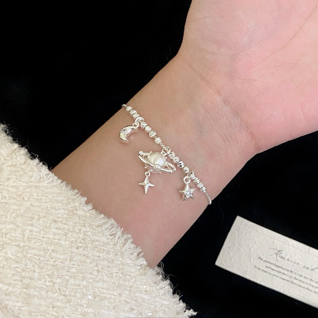 Brushed Planet Pendant Beaded Copper Alloy Necklace