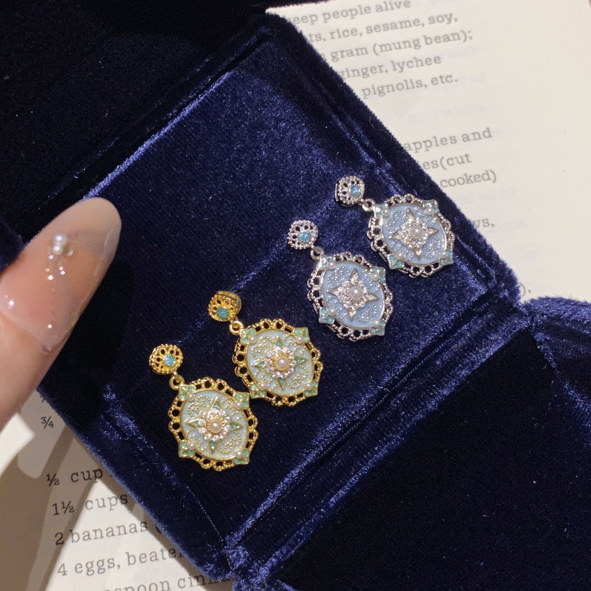 925 Sterling Silver Blue Enamel Court Style Lace Openwork Earrings