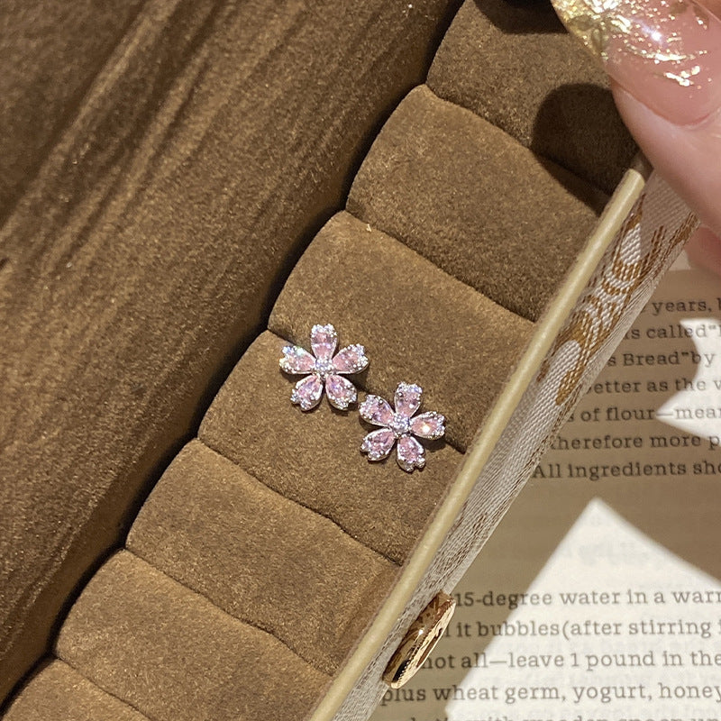 925 Sterling Silver Pink Diamond Five-Petal Cherry Blossom Earrings
