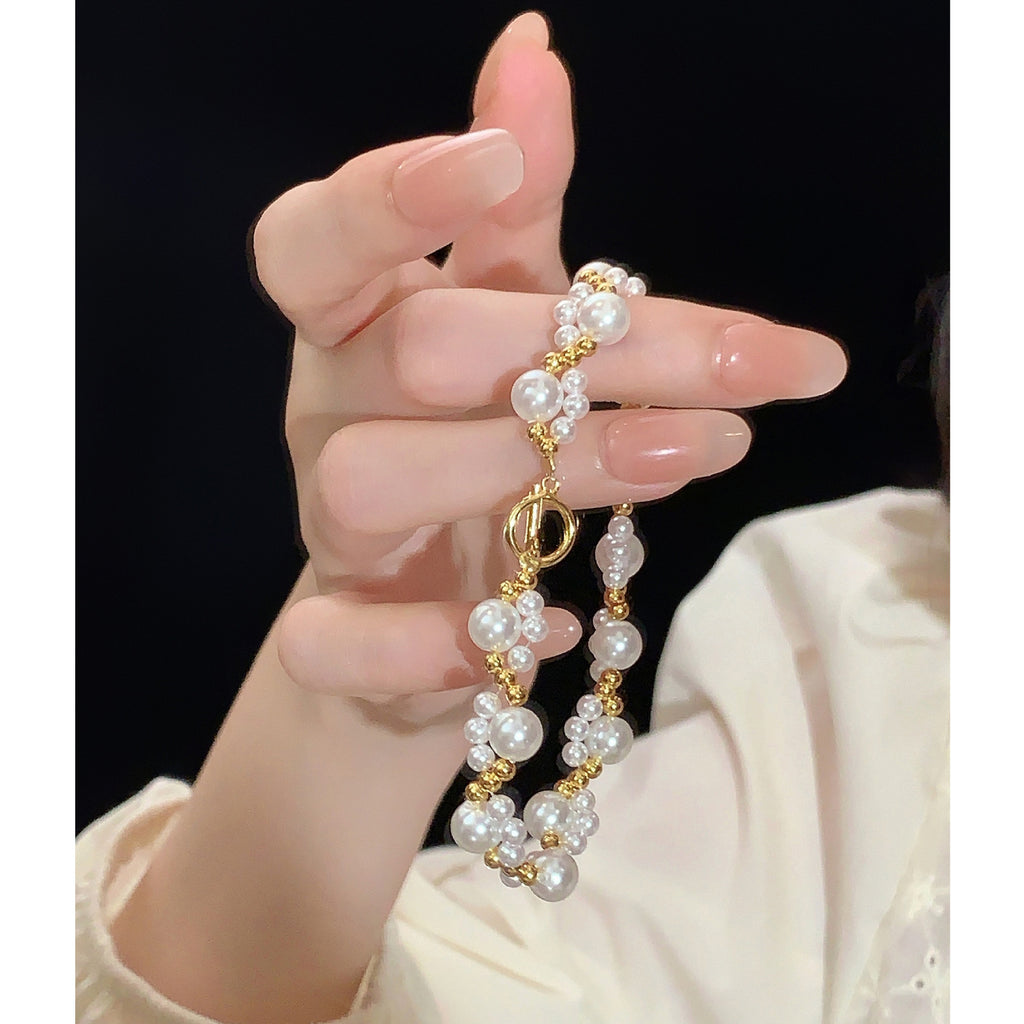 925 Sterling Silver Round Imitation Pearl Hand-woven OT Clasp Bracelet