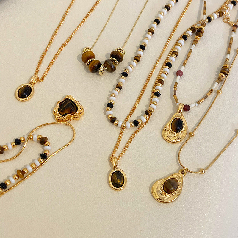 Maillard color natural tiger's eye pendant copper alloy necklace