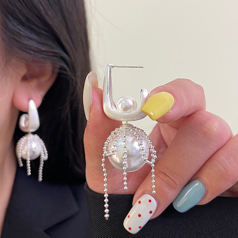 Brushed silver pearl bow lace earrings