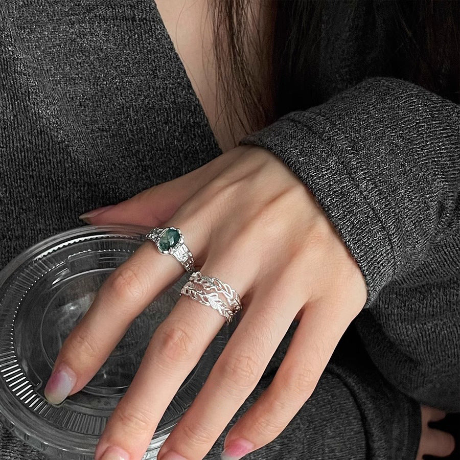 925 Sterling Silver Heavy-Duty Feather Stacked Seaweed Agate Ring