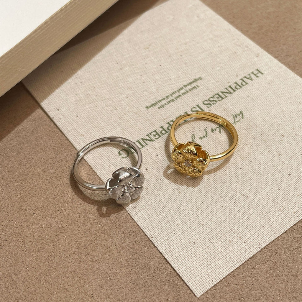 925 Sterling Silver 3D Plum Blossom Brushed Flower Diamond Ring