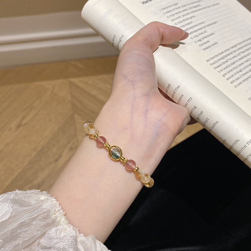 925 Sterling Silver Niche Strawberry Quartz Natural Yellow Tower Crystal Green Phantom Quartz Bracelet