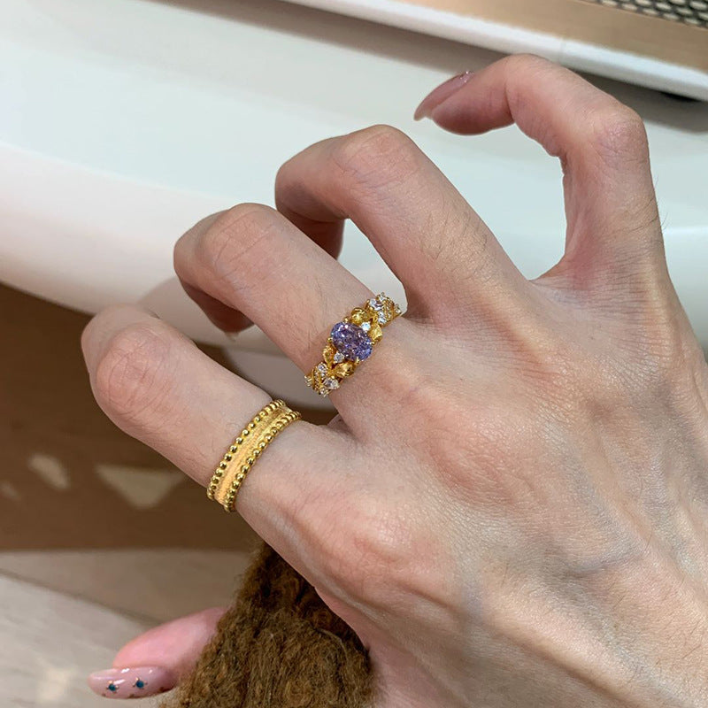 Bauhinia flower purple diamond-set copper alloy ring