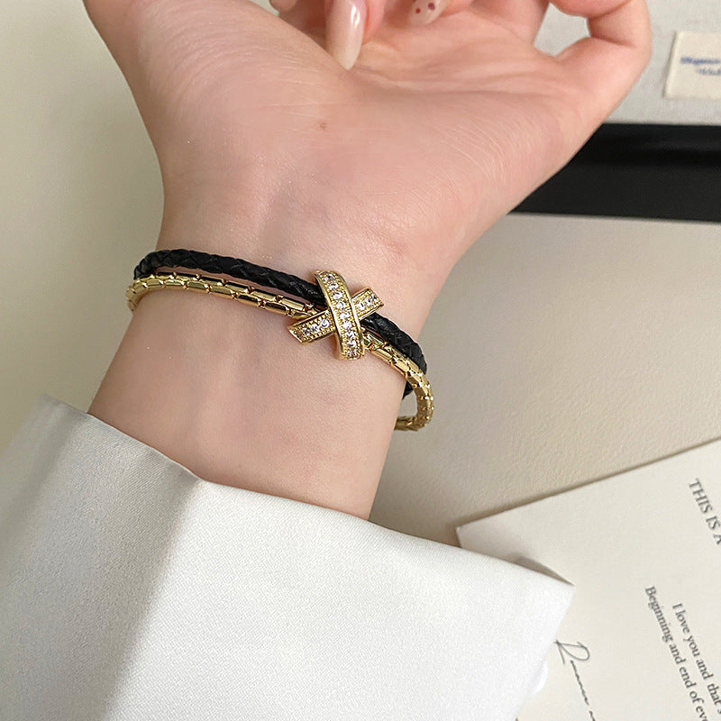Double-layer leather cord X-letter copper alloy bracelet