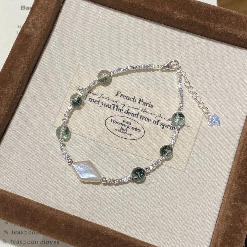 925 Sterling Silver Natural Irregular Pearl Green Phantom Crystal Bracelet