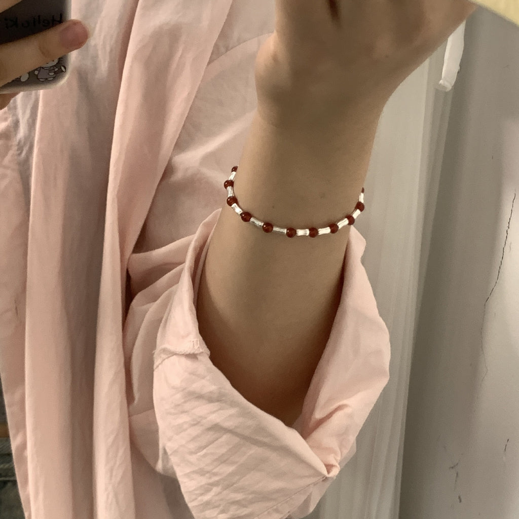 925 Sterling Silver Bamboo-Shaped Red Agate Beaded Necklace and Bracelet