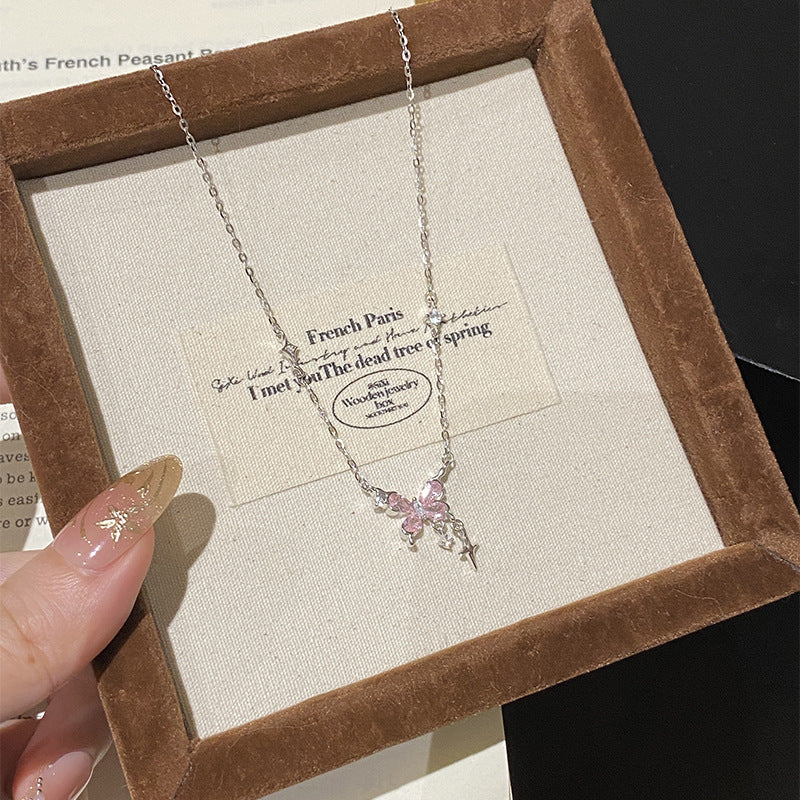 925 Sterling Silver Sweet Butterfly Pink Diamond Star Tassel Necklace