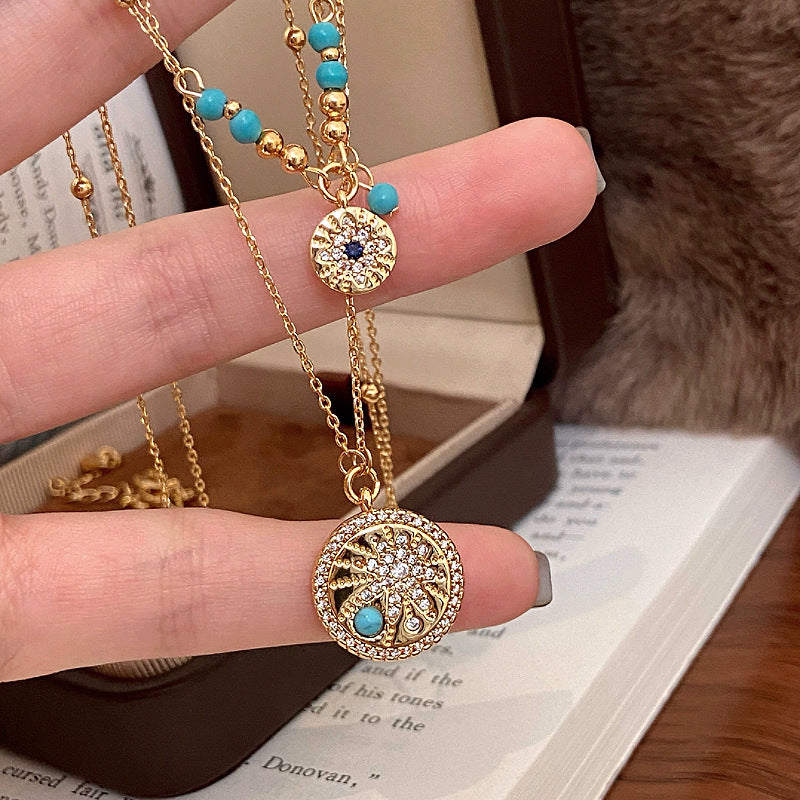 Double-layered round pendant micro-set zircon turquoise beaded copper alloy necklace