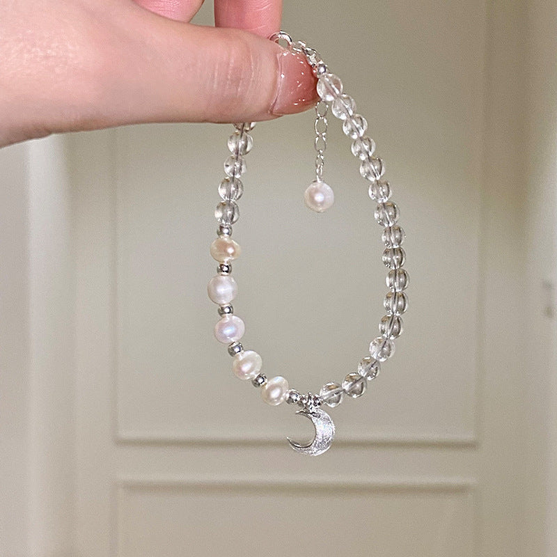 925 Sterling Silver Natural White Crystal Freshwater Pearl Moon Bracelet