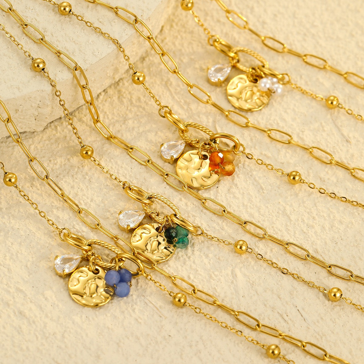 Stainless steel teardrop zircon pearl pendant round bracelet for women