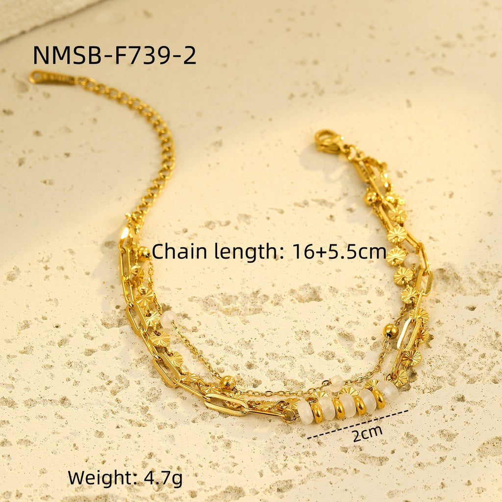 Gold three-layer stacked bracelet, versatile natural stone round stainless steel bracelet