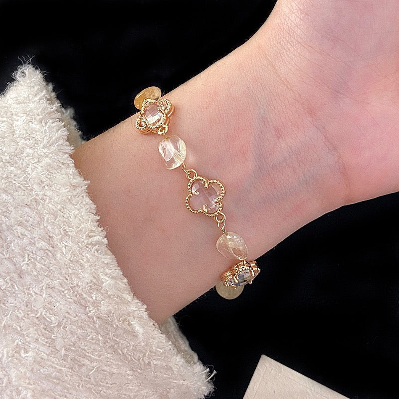Natural freshwater pearl, amethyst, rose quartz, citrine, colored zircon, four-leaf clover, stacked copper alloy bracelet