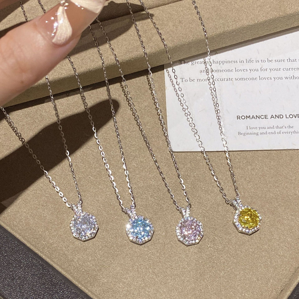 925 Sterling Silver Octagonal Rose-Cut Aquamarine Rose Zirconia Necklace