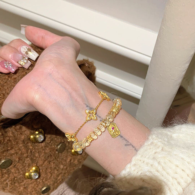 Vintage-style brushed star lucky four-leaf clover copper alloy bracelet