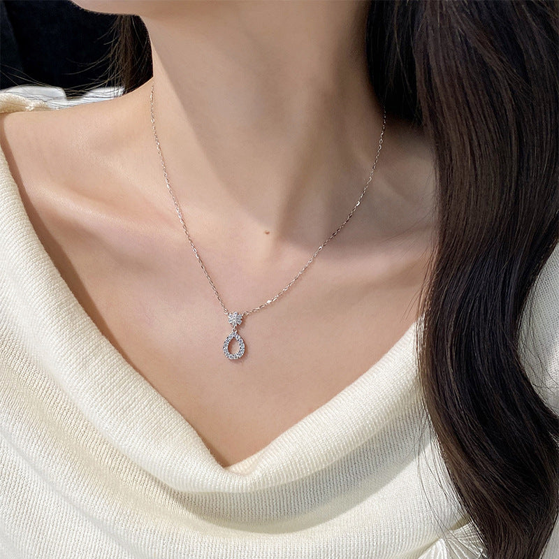 S925 Sterling Silver Full Diamond Teardrop Flower Zirconia Openwork Necklace