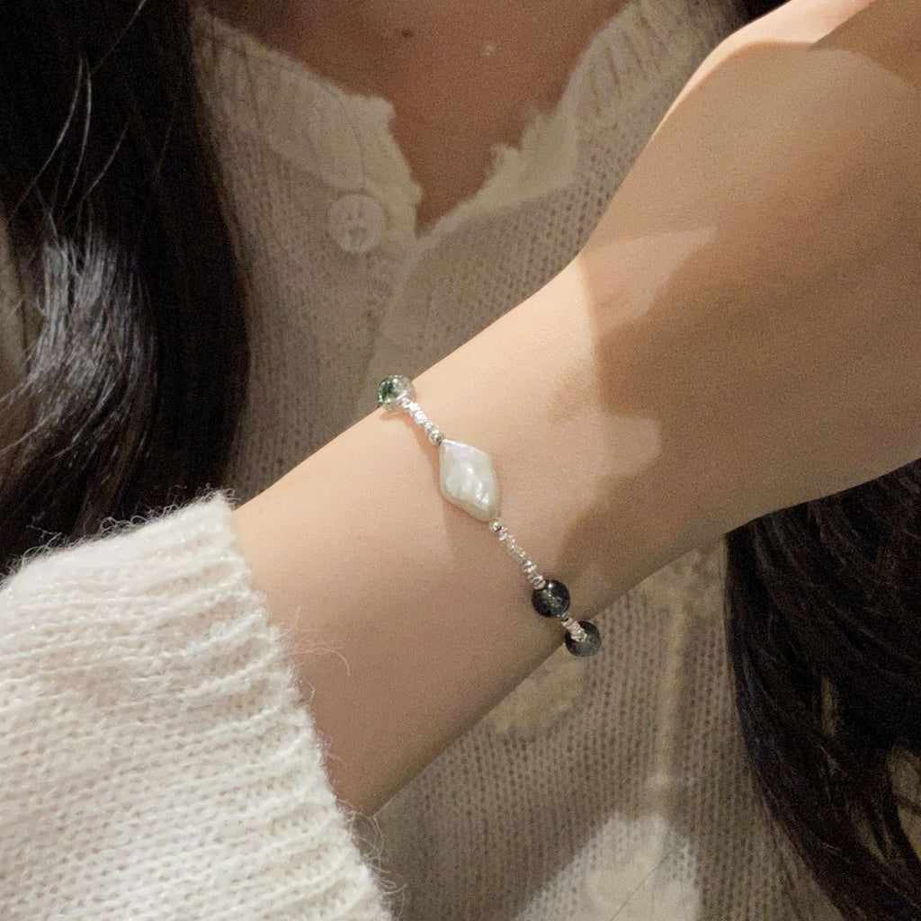 925 Sterling Silver Natural Irregular Pearl Green Phantom Crystal Bracelet