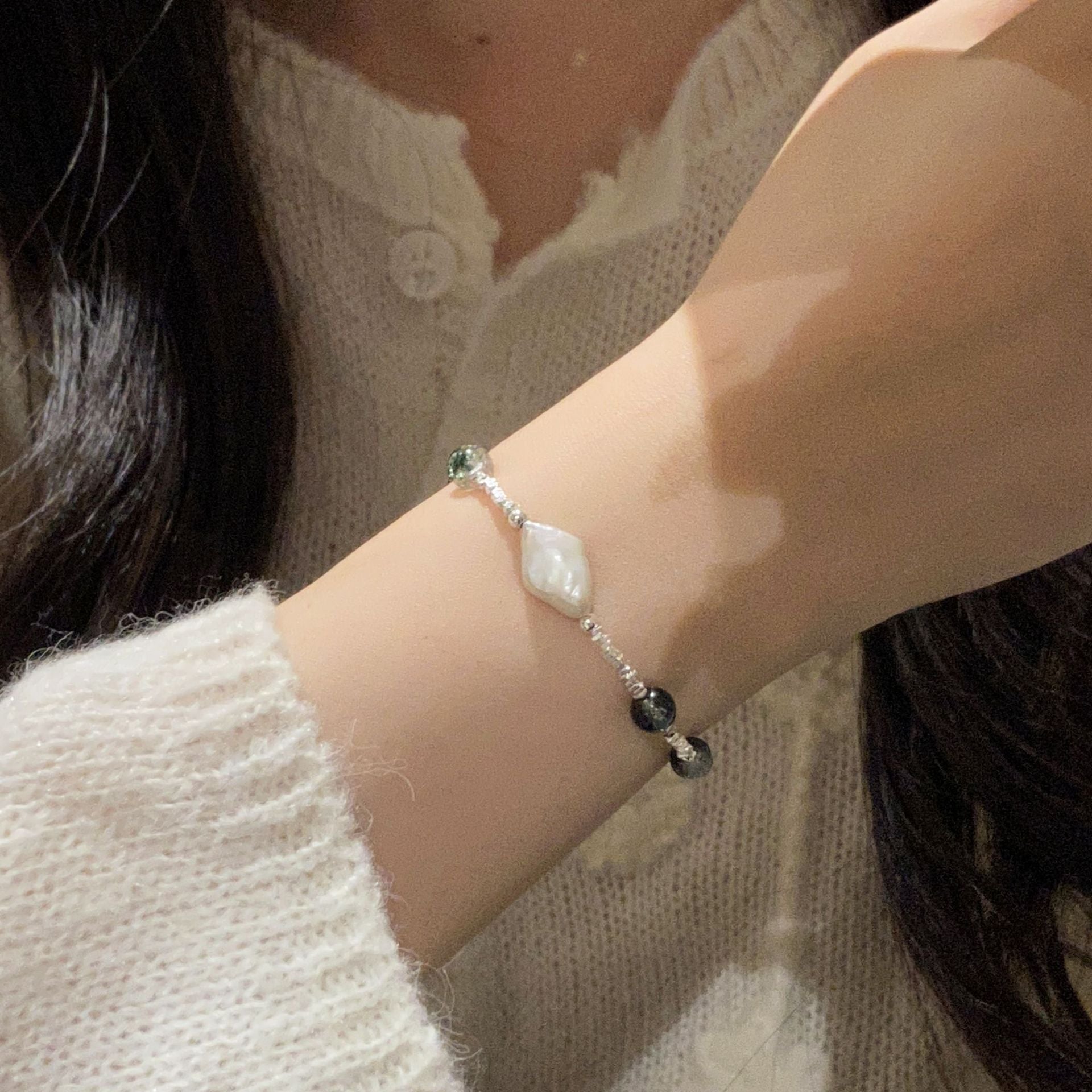 925 Sterling Silver Natural Irregular Pearl Green Phantom Crystal Bracelet