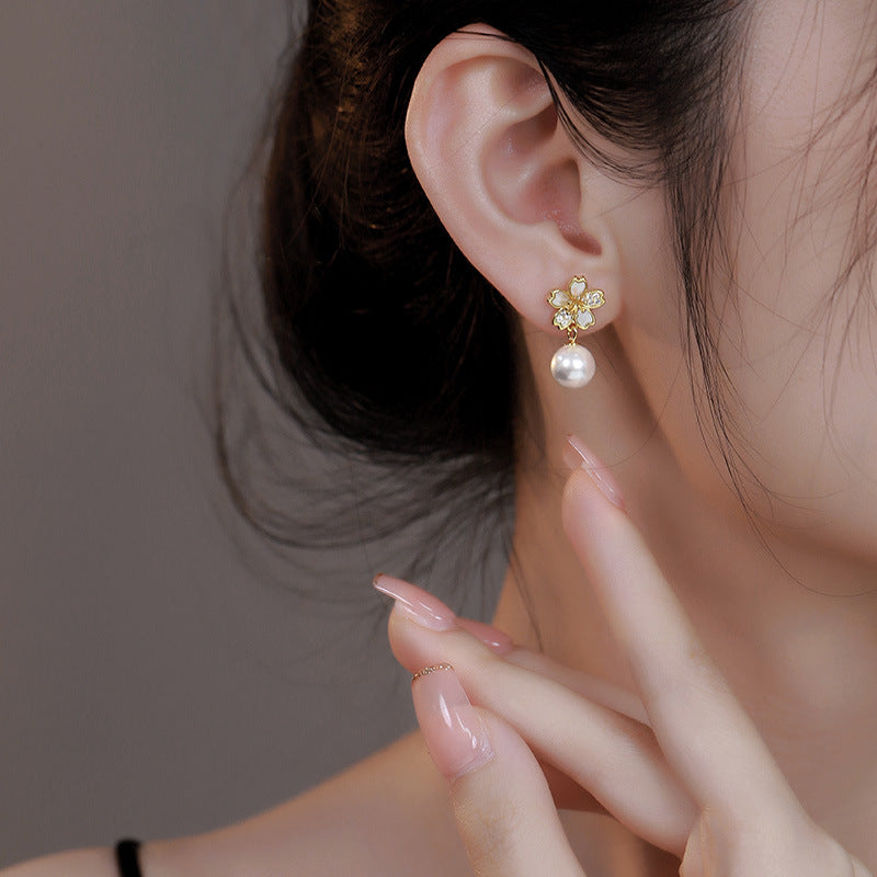 925 Sterling Silver Vintage Style Cherry Blossom Mother-of-Pearl Imitation Pearl Stud Earrings