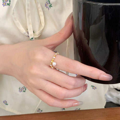 925 Sterling Silver Beaded Chain Imitation Pearl Ring