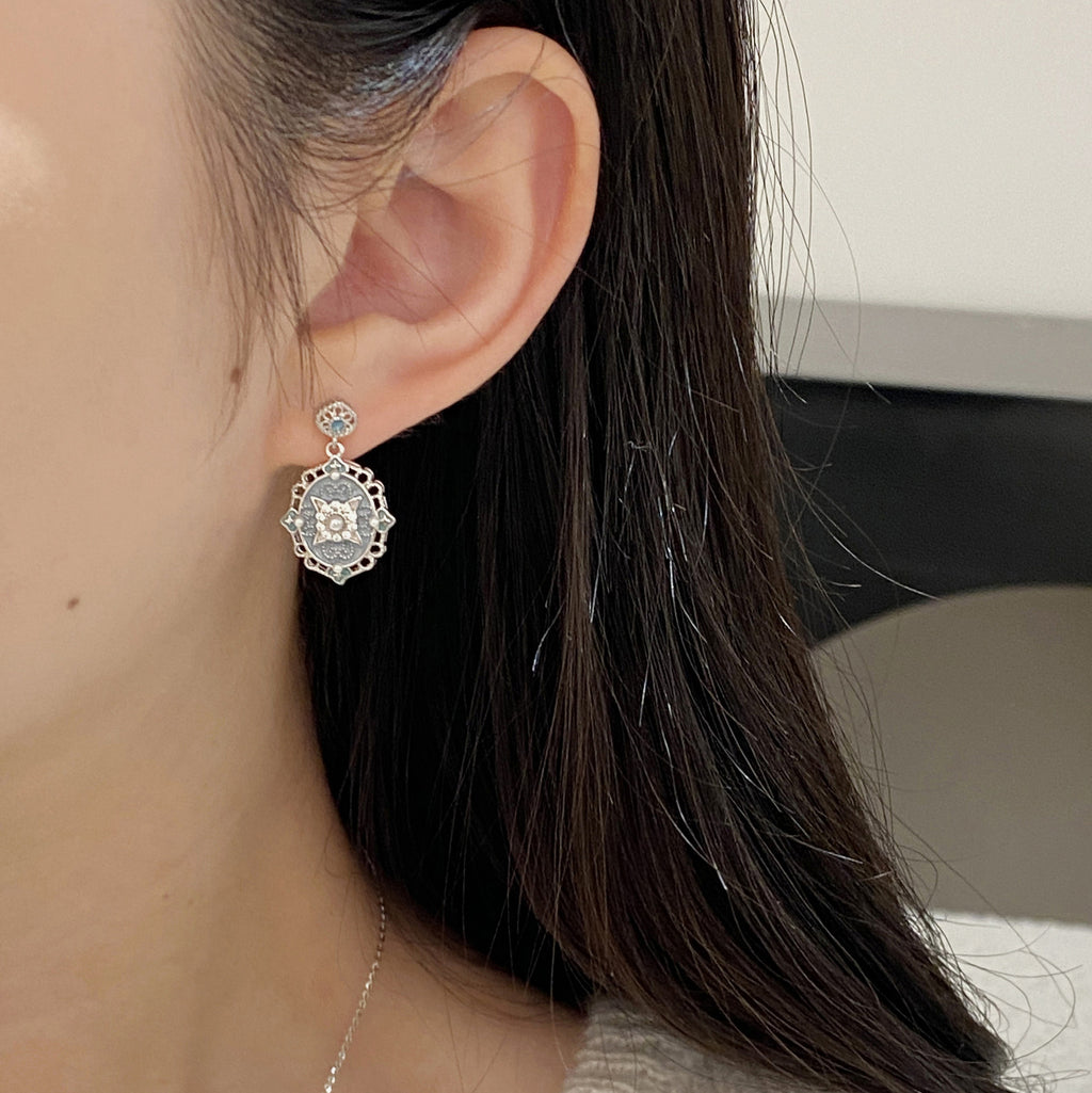 925 Sterling Silver Blue Enamel Court Style Lace Openwork Earrings