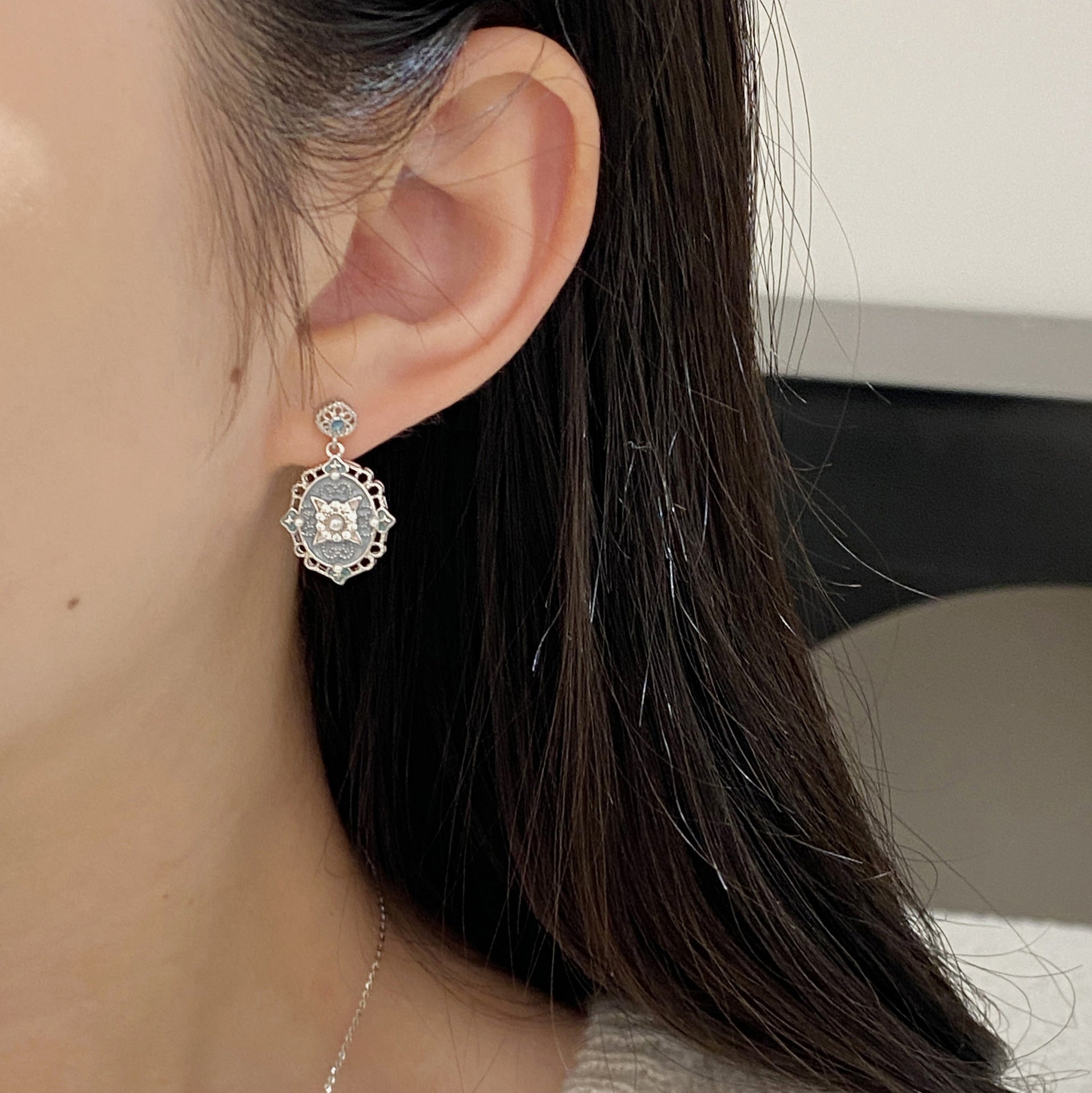 925 Sterling Silver Blue Enamel Court Style Lace Openwork Earrings