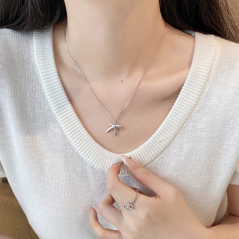 S925 silver ribbon bow necklace