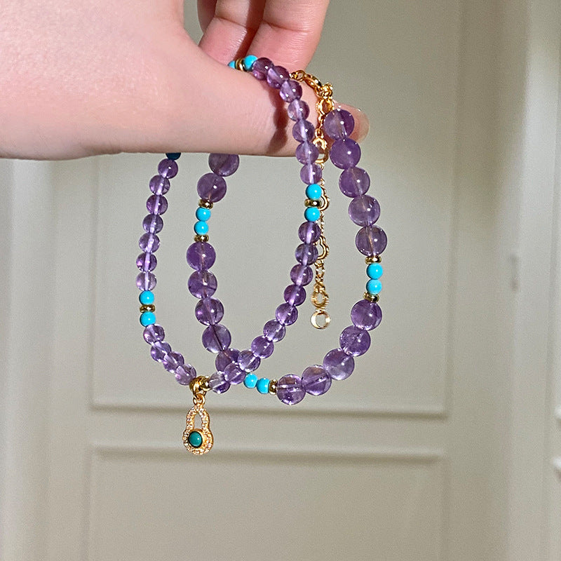 925 Sterling Silver Gourd Imitation Turquoise Natural Amethyst Fortune Bracelet