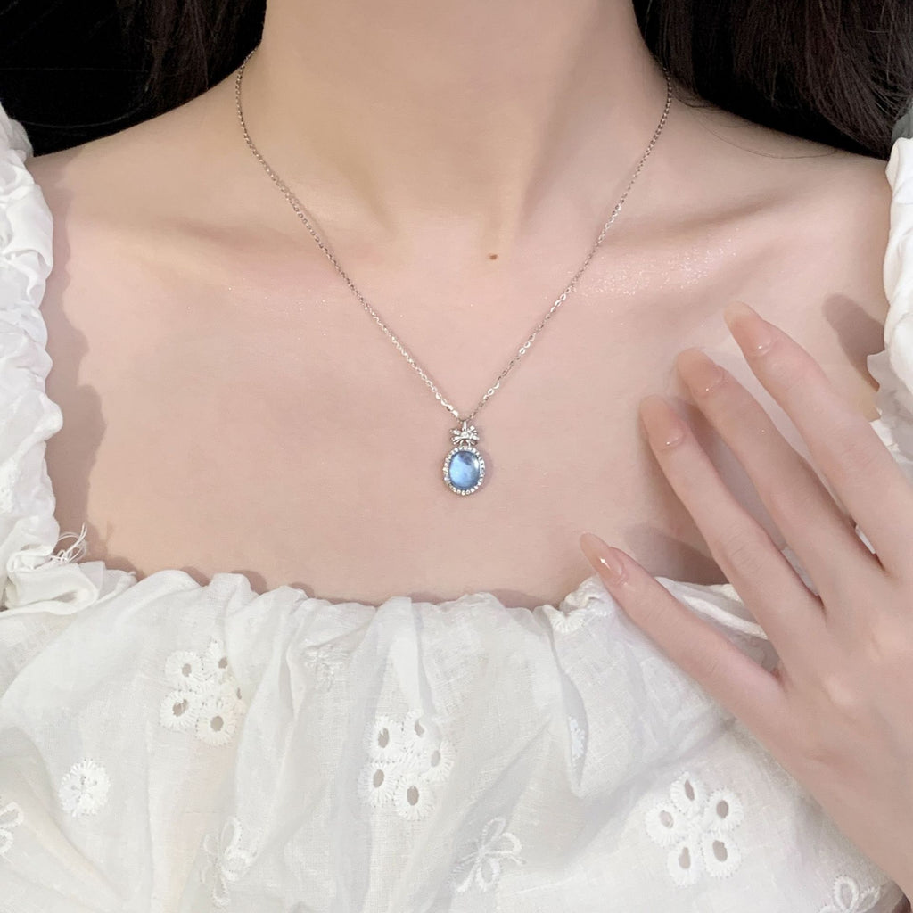 925 Sterling Silver Princess Aquamarine Bow Necklace