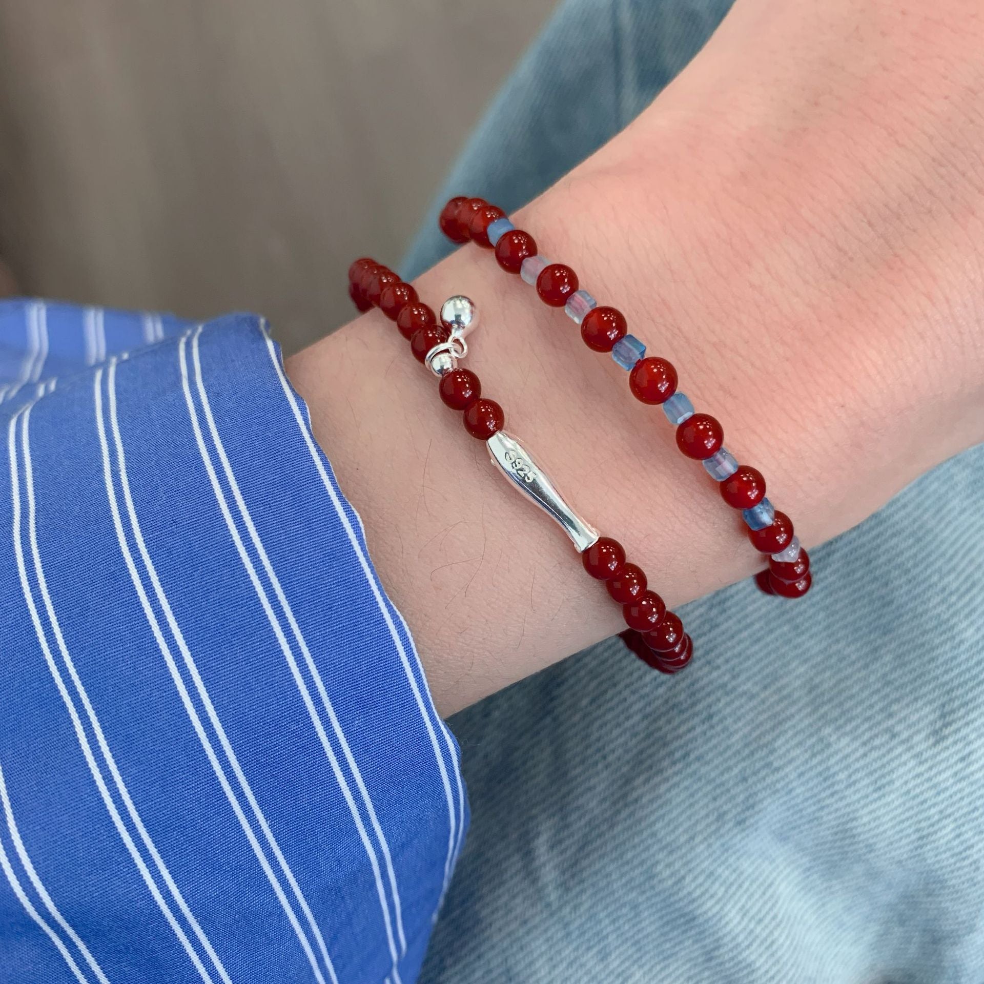 925 Sterling Silver Red Agate Small Fish Beads Color Block Stacked Bracelet