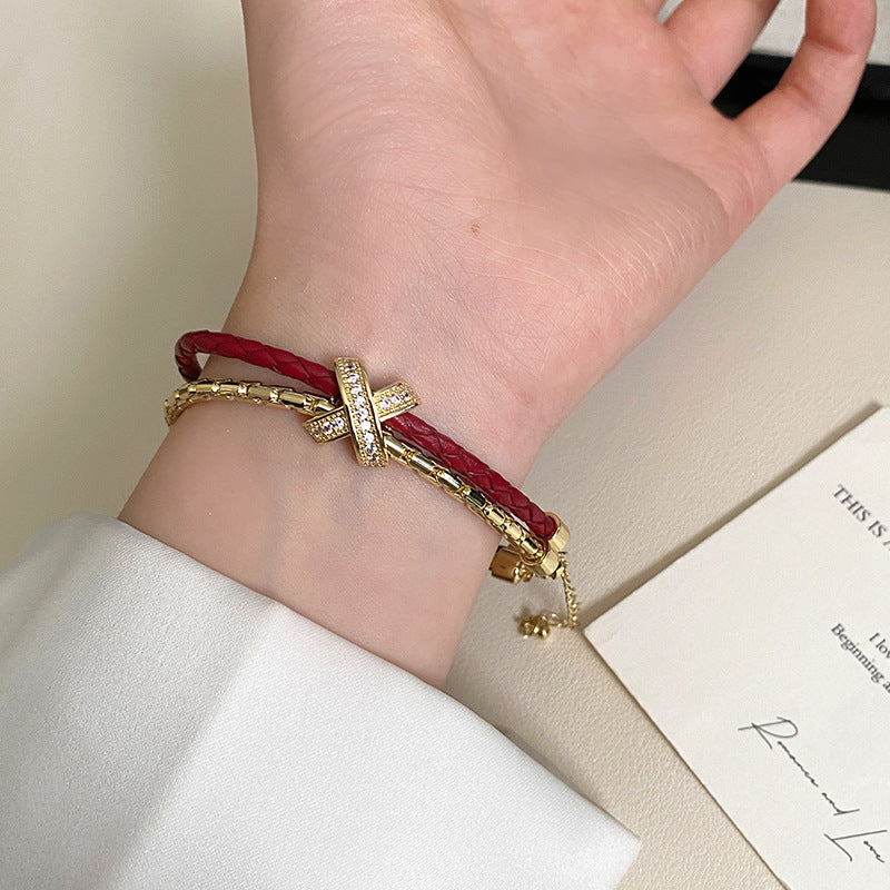 Double-layer leather cord X-letter copper alloy bracelet