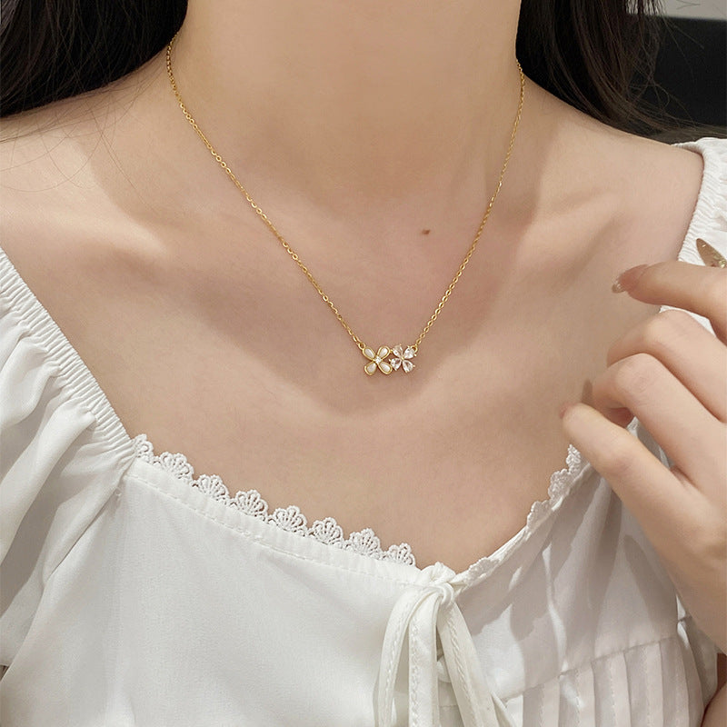 925 Sterling Silver Diamond Flower and Shell Necklace