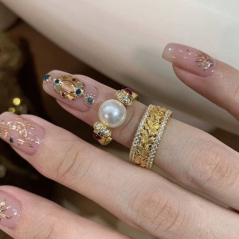 Fully diamond-encrusted woven engraved brushed copper alloy ring