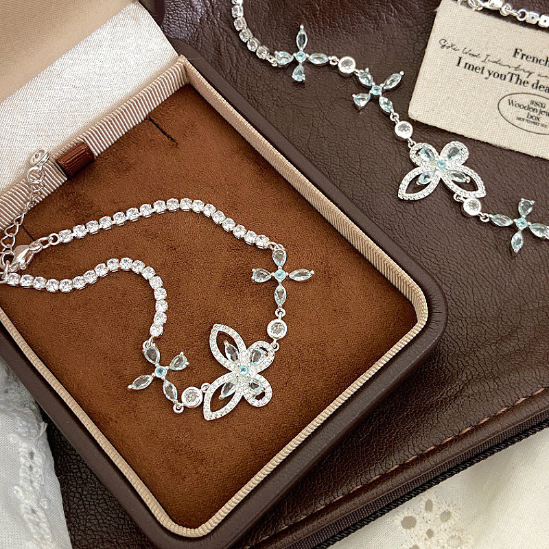 Blue zircon butterfly and flower super sparkly full diamond copper alloy bracelet