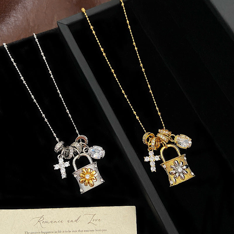 Vintage gold cross clasp lock pouch detachable copper alloy necklace