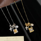 Vintage gold cross clasp lock pouch detachable copper alloy necklace