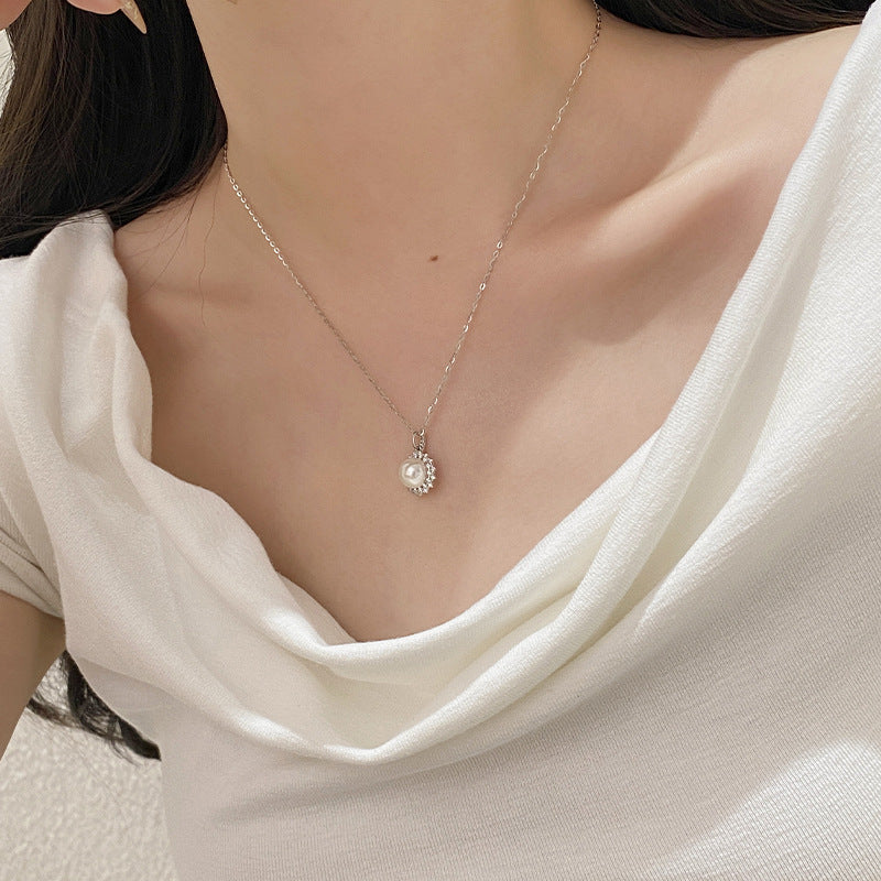 925 Sterling Silver Sunflower Imitation Pearl Zirconia Necklace